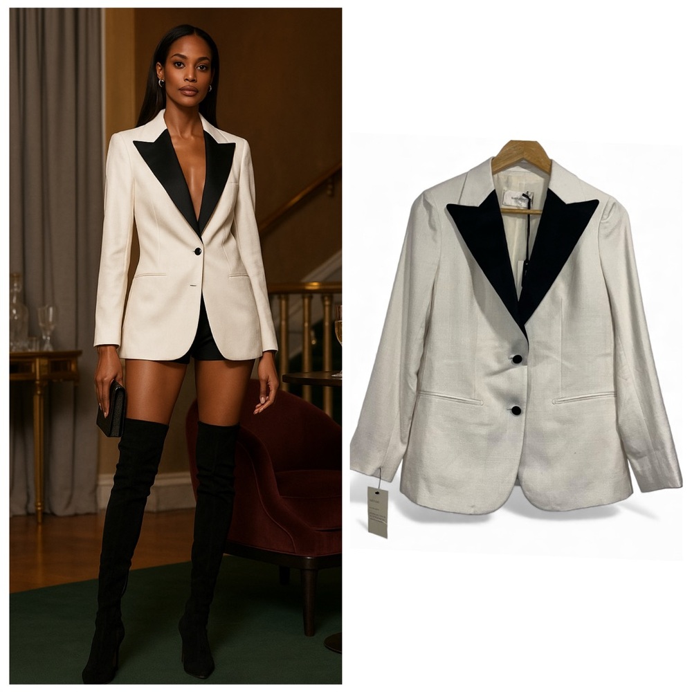 SUISTUDIO Jay Tuxedo Blazer Silk Linen Ivory Black FR36 US4 Cocktail Formal NWT